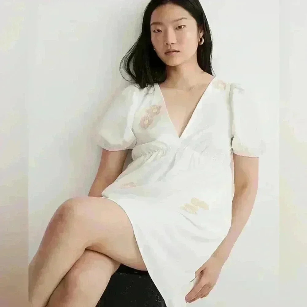 SOLD Madewell Annamarie Embroidered Mini Dress | White & Beige | Women’s Size 0 - Picture 5 of 16